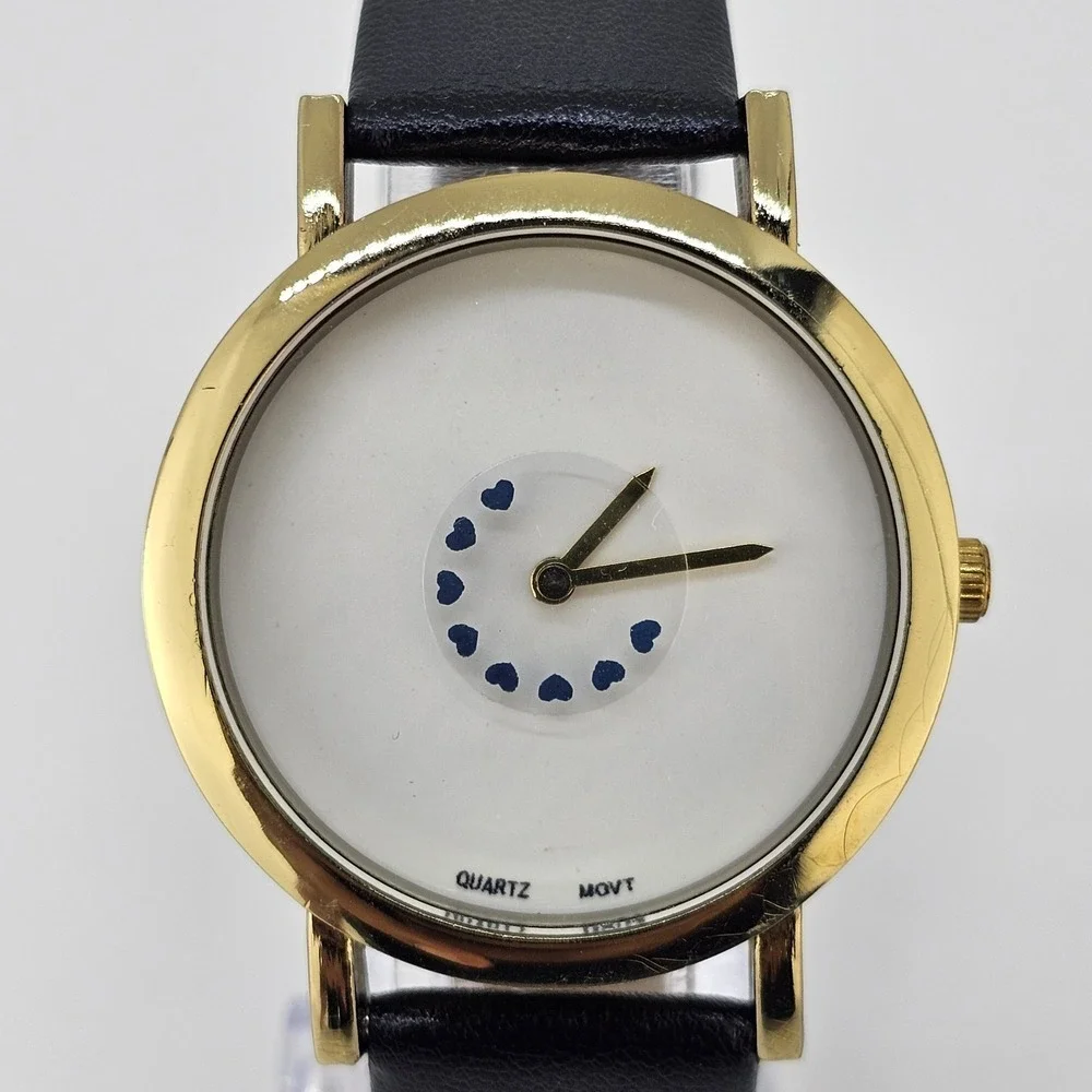 Women's Hearts Analog Watch 38MM White Dial Black Faux Leather Bands NEW Battery